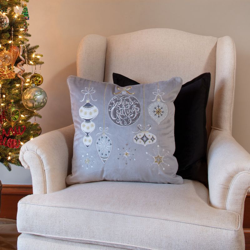 16.5&#34;x16.5&#34; Indoor Christmas &#39;Velvet Ornaments&#39; Gray Square Throw Pillow  - Pillow Perfect, 5 of 8