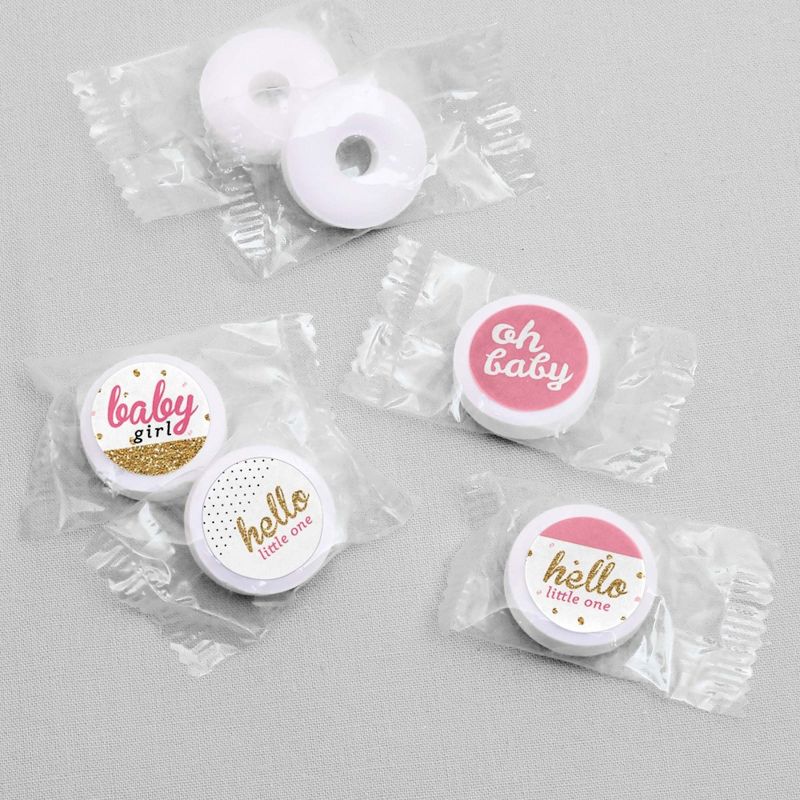 Big Dot of Happiness Hello Little One - Pink & Gold - Girl Baby Shower Party Round Candy Sticker Favors - Labels Fits Chocolate Candy (1 sheet of 108), 5 of 7
