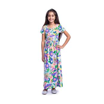 24seven Comfort Apparel Girls Floral Print Short Sleeve Pleated Maxi Dress