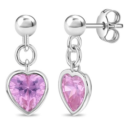 Girls' Pink Heart Cz Dangle Standard Sterling Silver Earrings - In