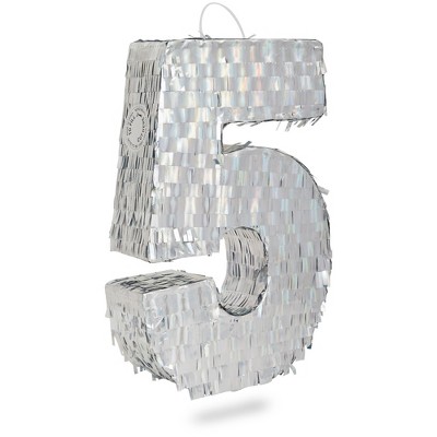 Blue Panda Small Silver Holographic Foil Number 5 Pinata for Kids 5th Birthday Party Decorations, 15.7 x 9 in