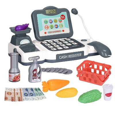 iMountek"Kids Cash Register Toy with Scanner, Calculator, Credit Card & Grocery Set - Educational Pretend Play"Grey