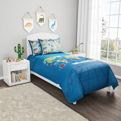 Blue Twin XL World Map Microfiber Comforter Set