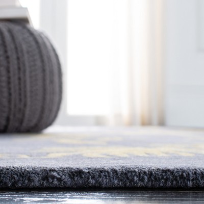 Handmade Dark Grey Wool Square Area Rug with Floral Design