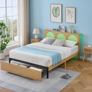 Whizmax Bed Frame with Natural Rattan Headboard and 2 Storage Drawers, Metal Platform with Wooden Slats Support, Boho Cane Bed Mattress Foundation - 1 of 4