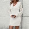 Women's Long Sleeve Crochet Hollow Sweater Dress V Neck Mini Fitted Knit Dress Dressy Casual Wedding Guest Dresses White L - 2 of 4