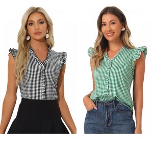 INSPIRE CHIC Women's Cap Sleeve Plaid Gingham Ruffle Shirt 2 Packs - 1 of 4