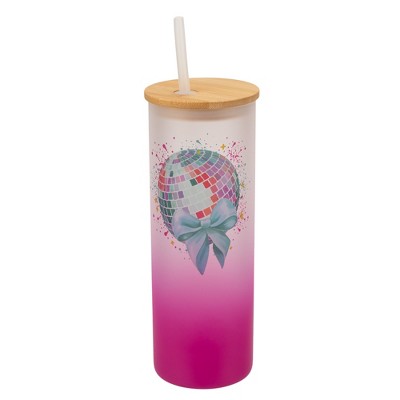 Elanze Designs 25 Ounce Frosted Glass Gradient Travel Tumbler With Straw and Wooden Lid, Disco Ball Pink
