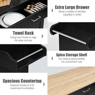 Black MDF Rolling Kitchen Cart with Spice Rack and Storage