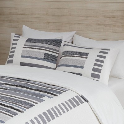 Navy and Gray Cotton Printed Full/Queen Duvet Cover Set with Trims