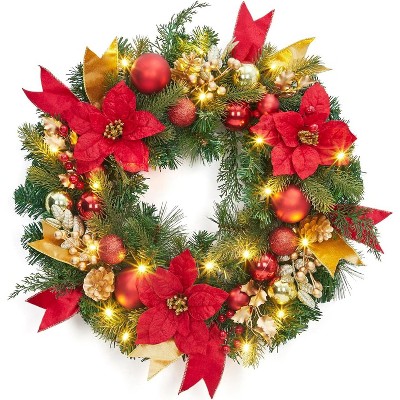 GAOMON 24 Inch Christmas Wreath with Lights, Pre-Lit Xmas Wreath with Red & Gold Berries Ball Ornaments Artificial Flower Leaves