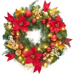GAOMON 24 Inch Christmas Wreath with Lights, Pre-Lit Xmas Wreath with Red & Gold Berries Ball Ornaments Artificial Flower Leaves - 1 of 4