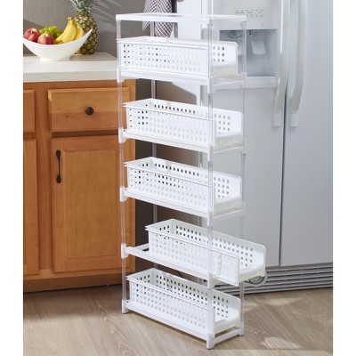 Lakeside Slim Kitchen Storage with Five Slide-Out Drawers for Pantries, Gaps, Bathrooms
