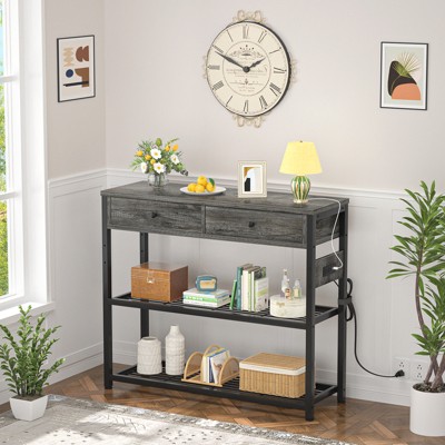 Aheaplus Entryway Table with Drawers, Sofa Table with Storage Shelves, Console Table with Charging Station