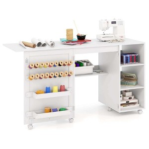 Costway Folding Sewing Table with Storage Shelves 2 Storage Bins & 18 Pegs Lockable Casters - 1 of 4