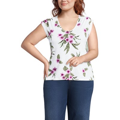 Lands' End Women's Linen Blend Cap Sleeve Gathered Shoulder Tee