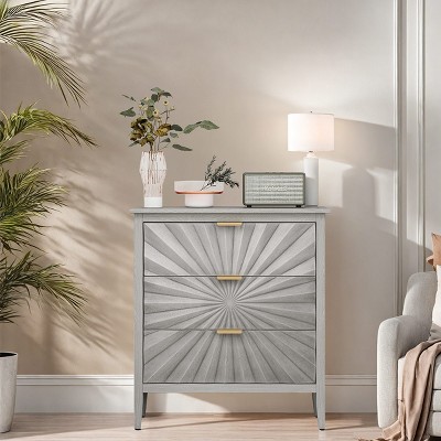 3 Drawer Storage Cabinet for Bedroom, Modern Farmhouse Dresser with Carved Front, Pine Legs and Anti-Tip Safety -The Pop Home