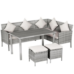Outsunny 5 Piece Patio Furniture Set, Outdoor L-Shaped Sectional Sofa with 3 Loveseats, 2 Ottoman Chairs, Dining Table, Cushions, Storage, Beige - 1 of 4
