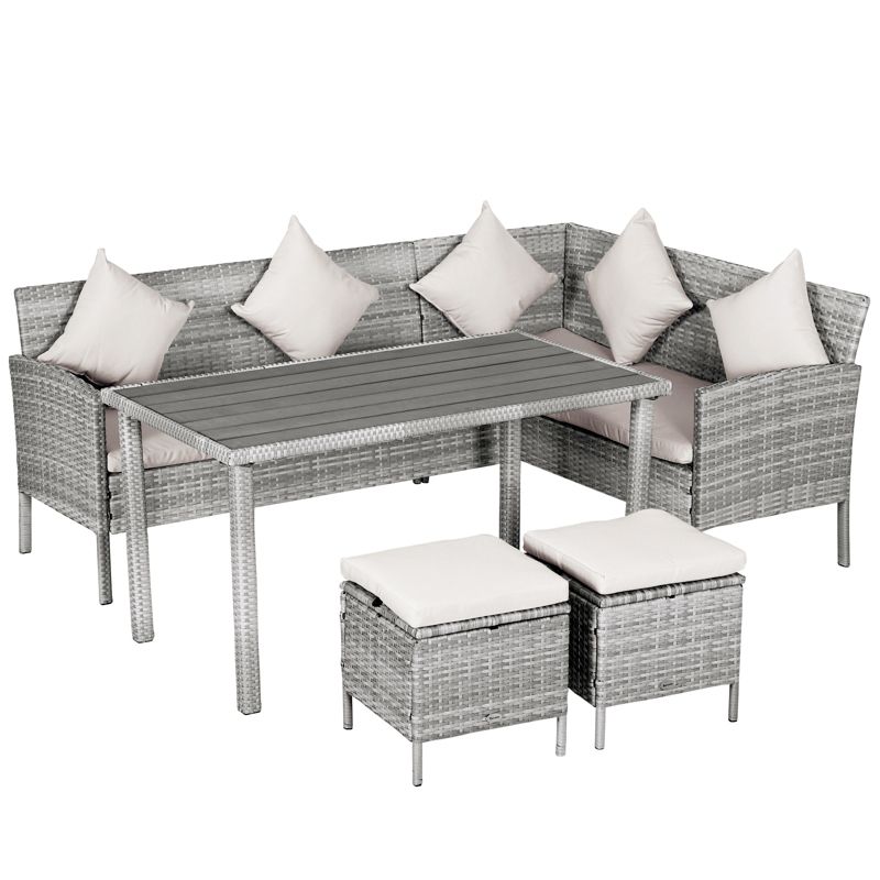 Outsunny 5 Piece Patio Furniture Set, Outdoor L-Shaped Sectional Sofa with 3 Loveseats, 2 Ottoman Chairs, Dining Table, Cushions, Storage, Beige, 1 of 9