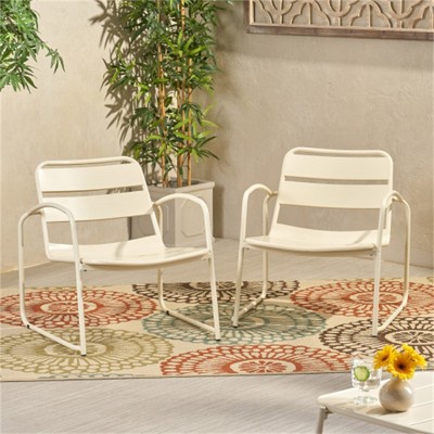 SKRAN Set of 2 Outdoor Slatted Chair, Patio Arm Chair with Powder-coated Iron and Metal frame for Patio, Porch, Poolside and Balcony, Matte White