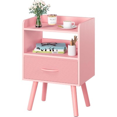Modern Nightstand with Drawer, Bedside Tables, Mid Century Nightstands with Open Storage Shelf