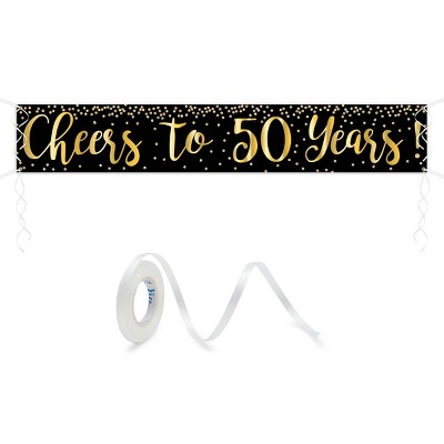 Sparkle and Bash "Cheers to 50 Years" Banner, 50th Birthday Party Decorations (Black, Gold, 9.8 x 1.6 Ft)