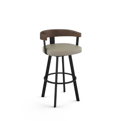 Greige Faux Leather Swivel Barstool with Black Metal and Brown Wood