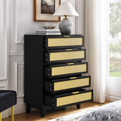 RISOKEYS Rattan Dresser for Bedroom,Dresser with 5 Drawers,Chest of Drawers for Closet Storage,for Bedroom,Living Room,Hallway and Entryway