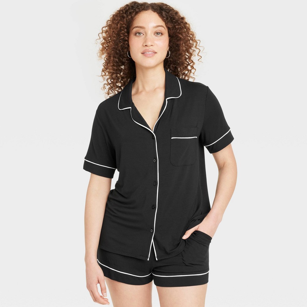 Photos - Other Textiles Women's Cloud Knit Modal Short Sleeve Notch Collar Top and Shorts Pajama Set - Auden™ Black XXL: Modal-Spandex Blend, Elasti