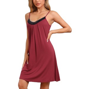 cheibear Women's Modal Sleeveless Spaghetti Strap Lace Nightgown Loungewear - 1 of 4