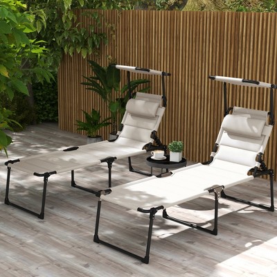 TIRAMISUBEST Set of 2 Adjustable Lounge Chairs - Outdoor Folding Chaise Lounges with Sunshade & Pillow, Reclining Tanning Chairs (Cream White)