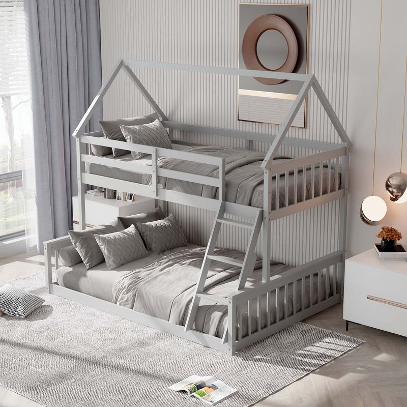 Costway Twin Over Full House Bunk Bed with Ladder & Guardrails Convertible to 2 Beds, 4 of 11