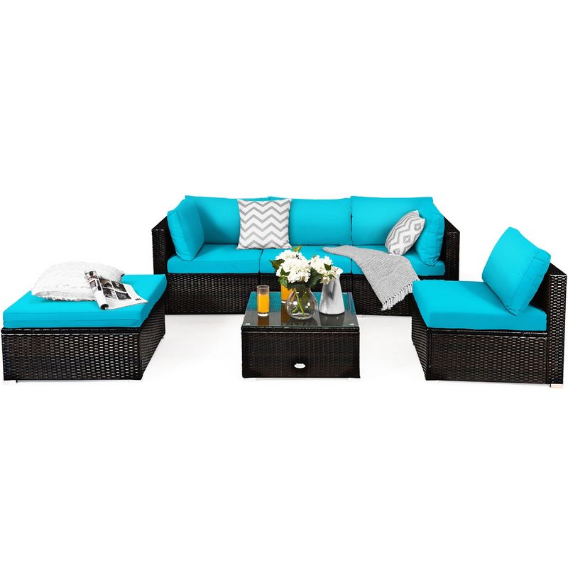 Costway 6PCS Outdoor Patio Rattan Furniture Set Cushioned Sectional Sofa Navy\Black\Turquoise, 4 of 11