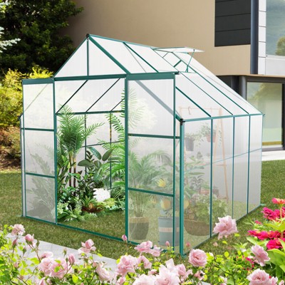 73.75"8X6FT-Green Double Door Polycarbonate Greenhouse Raised Base and Anchor Aluminum Heavy Duty Walk-in Greenhouses