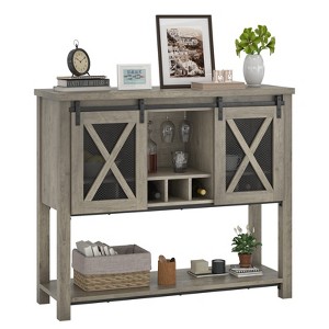 Coffee Bar Cabinet, Table Buffet Storage Cabinet with Wine Glass Rack, Farmhouse Entryway Table with Sliding Barn Doors - 1 of 4