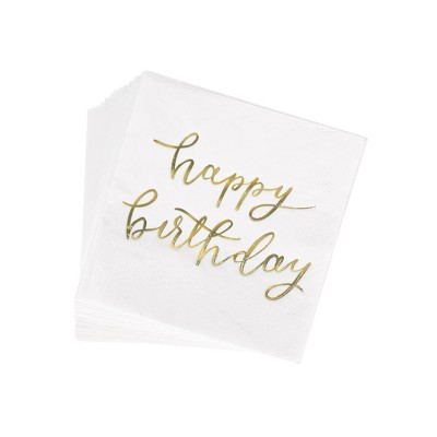 30ct Beverage Napkins &#39;Happy Birthday&#39; Gold - Spritz&#8482;