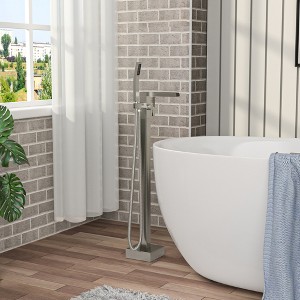 Freestanding Bathtub Faucet Waterfall Tub Filler Brushed Nickel Floor Mount Brass Bathroom Faucets with Hand Shower - 1 of 4
