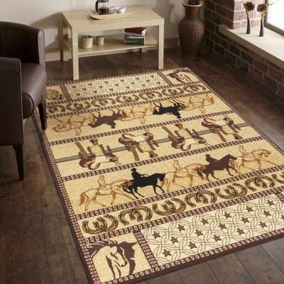 Kumasinova Wild West Area Rug – Horses & Cowboy Motifs for Living Room, Kid & Pet-Friendly, Made in Turkey, Stain-Resistant Door Mat