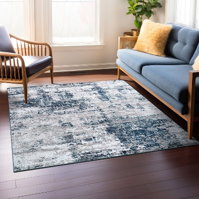 Distressed Blue and Gray Square Abstract Synthetic Area Rug