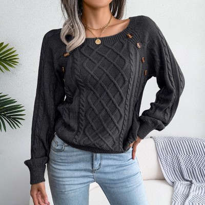 Womens Sweater Casual Square Neck Button Cable Knit Pullover Sweater Tops
