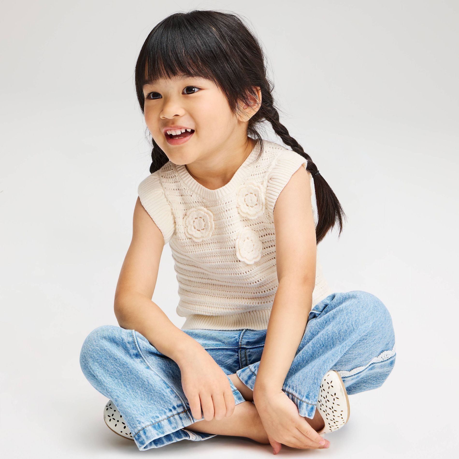 Toddler Girls' 3D Flowers Crewneck Sweater Tank - Cat & Jack™ Cream 2T