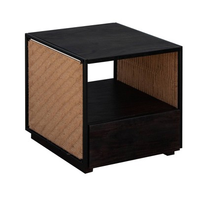 Single Drawer Solid Wood Nightstand with Open Storage and Jute Woven Side Panels Black - The Urban Port