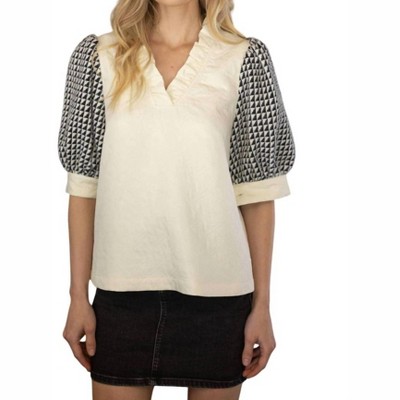 Women's Printed Sleeve Ruffle V-Neck Textured Top - voy