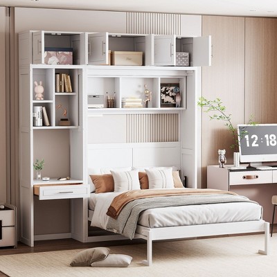 KIGFTSOD Full Size Wall Murphy Bed with Desk, Top Cabinet and Storage Shelves, Space Saving Foldable Bed,White