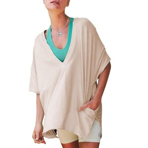EXLURA Women's Casual Oversized V Neck T-Shirts Tops Reversible Athletic Workout Crew Neck Fashion Trendy Tee - 1 of 4