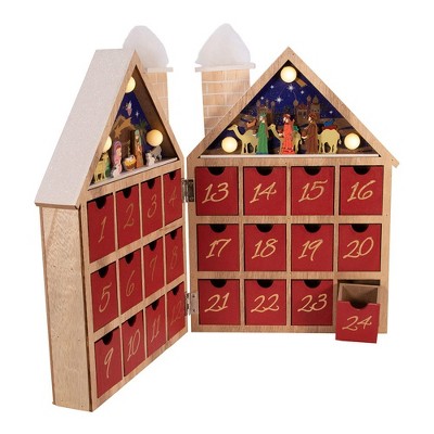 Battery-Operated Wooden LED Nativity Advent Calendar with Red Drawers