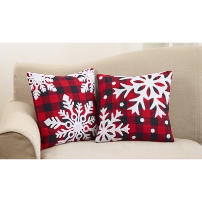 Red and Black Buffalo Plaid Snowflake Cotton Throw Pillow
