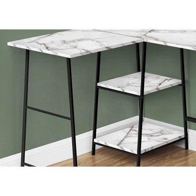 Transitional White Marble-Look Corner Home Office Desk with Sawhorse Legs