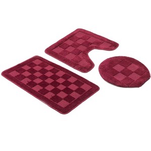 Home Mart Goods Burgundy Bath Set 3 Piece Anti-Slip Checkered Bathroom Mat, Large Contour Mat & Toilet Seat Lid Cover - 1 of 3