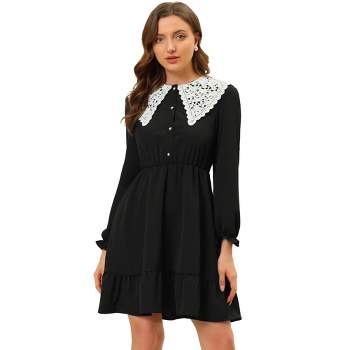 Allegra K Women's Vintage Ruffle Hem A-Line Crochet Puritan Collar Dress